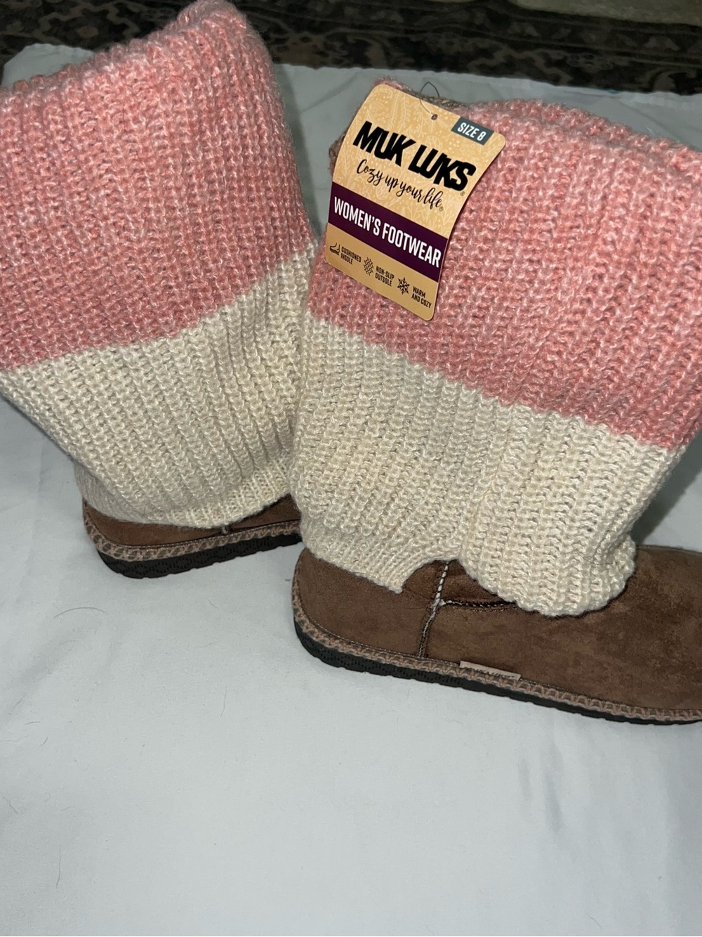 NWT MUK LUKS Women's Pink and Cream Knit Boot Cuffs Size 8